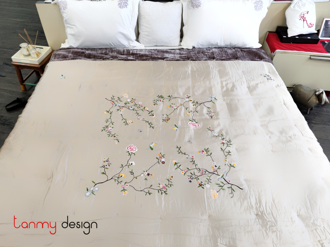 Silk & Velvet blanket King size (Peach blossom embroidery)